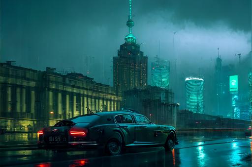 A dark green Bentley drives past the Bund, Shanghai :: the Pudong skyline in the distance :: heavy rain, dramatic sky, night fall，cool atmosphere :: tense, cinematic, epic, cyberpunk :: by [Robert McGinnis, James Jean, Jean Geraud, Frank Frazetta] :: dramatic lighting, Hasselblad Texture, unreal engine, 35 mm, octane render --v 4 --q 2 --ar 3:2
