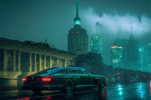 A dark green Bentley drives past the Bund, Shanghai :: the Pudong skyline in the distance :: heavy rain, dramatic sky, night fall，cool atmosphere :: tense, cinematic, epic, cyberpunk :: by [Robert McGinnis, James Jean, Jean Geraud, Frank Frazetta] :: dramatic lighting, Hasselblad Texture, unreal engine, 35 mm, octane render --v 4 --q 2 --ar 3:2