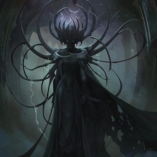 A dark ritual summons The Queen of Spiders Lolth. Ominous giant crystal cave. Black and dark purple shift. ominous shadows. Neon purple, drow cultist. Cult of the spider. Whispy:: black smoke, ominous purple glow. Lolth emerges sacrificial ritual --sref  --v 6.0