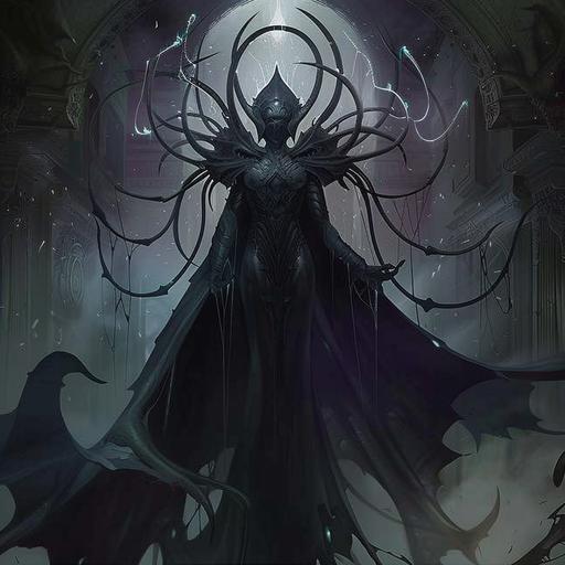A dark ritual summons The Queen of Spiders Lolth. Ominous giant crystal cave. Black and dark purple shift. ominous shadows. Neon purple, drow cultist. Cult of the spider. Whispy:: black smoke, ominous purple glow. Lolth emerges sacrificial ritual --sref  --v 6.0