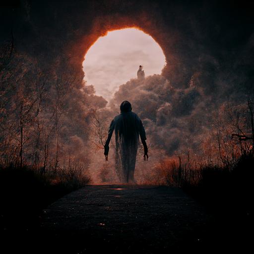 A dead hand comes out of its grave in a scary place and the view is frightening and there is a light in the sky while a man is running away from the place, 8k, cinematic, render, horror