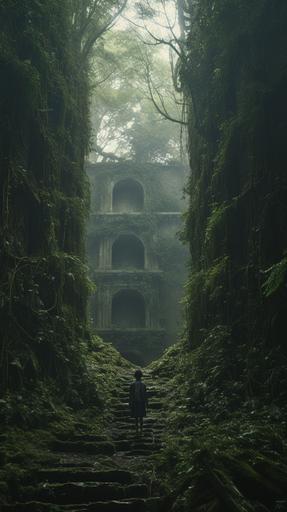 A demiurge standing in a dense lush rainforest photographed on a Fujifilm GFX 100 in zdzisław beksiński style castle, film photo grain, Kodak Gold film stock, medium format photo,cinematic, 8k, Depth of focus f/2.8, full hd render , 3d octane render , 4k UHD , immense detail , dramatic lighting, --ar 9:16