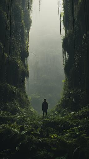 A demiurge standing in a dense lush rainforest photographed on a Fujifilm GFX 100 in zdzisław beksiński style castle, film photo grain, Kodak Gold film stock, medium format photo,cinematic, 8k, Depth of focus f/2.8, full hd render , 3d octane render , 4k UHD , immense detail , dramatic lighting, --ar 9:16