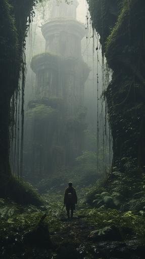 A demiurge standing in a dense lush rainforest photographed on a Fujifilm GFX 100 in zdzisław beksiński style castle, film photo grain, Kodak Gold film stock, medium format photo,cinematic, 8k, Depth of focus f/2.8, full hd render , 3d octane render , 4k UHD , immense detail , dramatic lighting, --ar 9:16