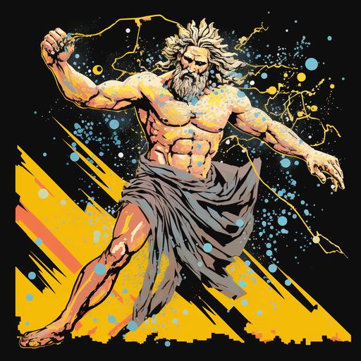 A depiction of Zeus holding a paint-splattered lightning bolt-shaped roller, inspired by artist Jackson Pollock's work. The image should capture Zeus in a dynamic pose, with the roller prominently featured. [2] Incorporate elements from Pollock's signature style such as drips, splatters, and chaotic patterns. [3] Set the scene in a vast, open space reminiscent of an artist's studio, with large canvases and paint supplies scattered around. [4] The atmosphere should evoke creativity, spontaneity, and power, reflecting Zeus's role as a divine artist. [5] Style the image as a painting in the abstract expressionist style, with bold colors and energetic brushwork. [6] Use digital painting techniques to recreate Pollock's dripping and splattering effects, paying attention to the texture and depth of the paint. [ar] 4:3 [v] 5.2