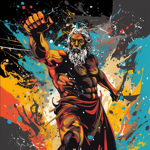 A depiction of Zeus holding a paint-splattered lightning bolt-shaped roller, inspired by artist Jackson Pollock's work. The image should capture Zeus in a dynamic pose, with the roller prominently featured. [2] Incorporate elements from Pollock's signature style such as drips, splatters, and chaotic patterns. [3] Set the scene in a vast, open space reminiscent of an artist's studio, with large canvases and paint supplies scattered around. [4] The atmosphere should evoke creativity, spontaneity, and power, reflecting Zeus's role as a divine artist. [5] Style the image as a painting in the abstract expressionist style, with bold colors and energetic brushwork. [6] Use digital painting techniques to recreate Pollock's dripping and splattering effects, paying attention to the texture and depth of the paint. [ar] 4:3 [v] 5.2