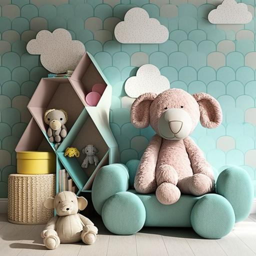 A design for a kids' room with plush monkey, elephant, sheep, teddy bear, and rabbit could incorporate a fun and playful theme with plenty of colorful accents and cozy textures. Firstly, the walls could be painted a soft, pastel color such as light blue or pink to create a calming atmosphere. Alternatively, a bright and bold wallpaper pattern featuring cute animals could add a whimsical touch to the space. For furniture, a wooden or white crib could be the centerpiece of the room, with a soft plush animal toy like the elephant or teddy bear sitting in it. A comfortable rocking chair or bean bag could be placed in a corner for the parent or guardian to sit in during storytime or for feeding. Additional storage for toys and clothes could be provided by a colorful chest of drawers or a bookshelf with cubbies for baskets of toys. A rug in a playful pattern like polka dots or stripes could be placed on the floor to add warmth and softness. To tie in the theme of the plush animals, artwork featuring illustrations of each animal could be hung on the walls or shelves. Bedding and curtains could also feature cute animal prints or patterns to bring the theme together. Overall, the design of a kids' room with plush monkey, elephant, sheep, teddy bear, and rabbit would focus on creating a fun and comfortable space that encourages play and imagination while also providing a cozy and calming atmosphere for sleep and relaxation.