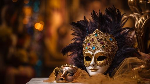 A desktop background which is a very colorful Venetian ball mask, the mask is adorned with feathers, jewels, and intricate gold filigree, set against a blurred background of a grand ballroom filled with elegantly dressed dancers, capturing the opulence and mystery of a Venetian masquerade, Photography, DSLR camera with a 50mm lens, --ar 16:9 --v 5.0 --s 50