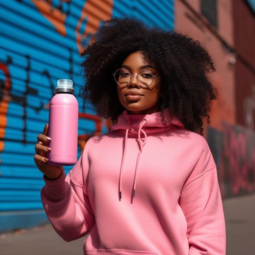 A detailed front, photoshop, energetic, obese, dark skinned, hip-hop style (girl) model holding blank pink water bottle mockup