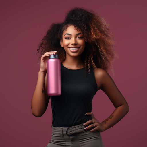 A detailed front, photoshop, energetic, obese, dark skinned, hip-hop style (girl) model holding blank pink water bottle mockup