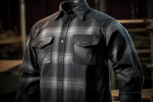 A detailed photo of a kevlar biker shirt, the shirt is a black and gray plaid flannel shirt, 8K, --ar 3:2