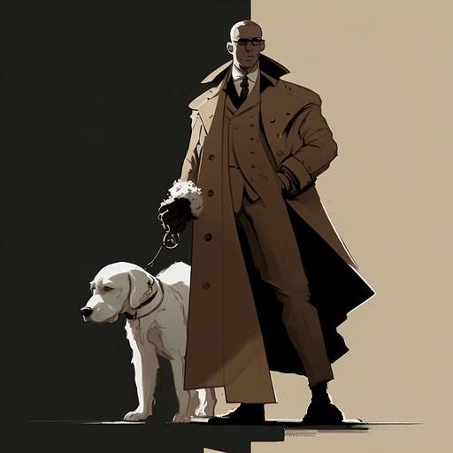 A detective in a brown cape with a white poodle at his feet in noir style
