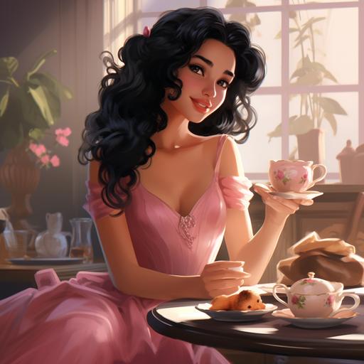 A disney animated character with black hair in a pink dress enjoying afternoon tea, digital-art, Natural light, Character shot scene --ar 1:1