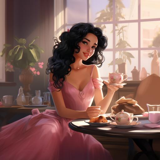 A disney animated character with black hair in a pink dress enjoying afternoon tea, digital-art, Natural light, Character shot scene --ar 1:1