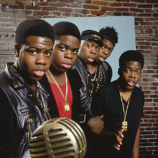 A diverse group of four teenager black male singers, urban street style, Frankie Lymon and the Teenagers, The Coasters, Cedric the Entertainer, Steve Harvey, fully clothed, leather, gold pendant, contrasting physiques and personalities. One short and stout fat overweight with dark ebony skin, one tall and slim with a cool demeanor, one light-skinned and sharply dressed, one edgy with tattoos and tough dangerous attitude. Vibrant colored clothing, comedic expressions, standing together as a unified group. Vintage microphone in the foreground, brick wall background. Reminiscent of classic doo-wop groups with a contemporary twist. Open mouth singing, funny. Highly detailed, studio lighting, professional photography. --s 50 --v 6.0 --style raw