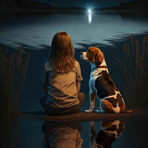 A dog (Estonian hound) is sitting on a moonlight night by the lake with a brown hair girl next to him.