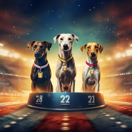 A dog competition with a stage podium for three winner, on which three dogs stand, and the first place is a sloughi dog, with a dog racing track as a background, with a eye-catching colors, ultra realistic photo, 4k