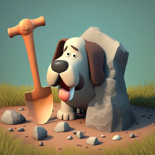 A dog is digging the ground, he found a prehistoric stone axe, cartoon style, 3D