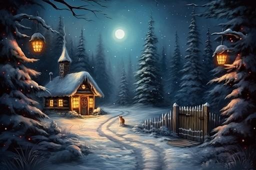 A doghouse in a Beautiful forest with pine trees, path, fence. Lamppost, Christmas decoration. Blurred background. Moon with silhouette of Santa passing by. Ground with snow. Oil painting. Vintage style. Detailed image, high resolution. --ar 3:2