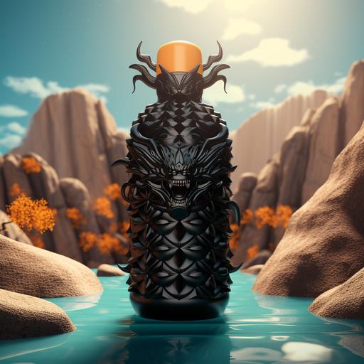 A dragon ball in the background with a black hexagonal plastic water bottle, 3D illustration, aspest ratio 16:9.