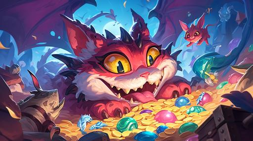 A dragoncat lies on a pile of cat toys like a dragon on a pile of treasure, looks like a Cheshire. Many cat toys: toy mouse, toy balls, yarn balls, candy wrappers, feather balls, Cat Teaser Wand, toy fish. Dragoncat lies very far in the center of the cave. Image from the game Hearthstone. In the style of joyful chaos. By Fenghua zhong. By Nicola Saviori. Dark colors. Painterly dynamic brushwork. Playful expressions. Boldly textured surfaces. In a dark background. Joyful and optimistic. Cartoonish caricatures. Inventive character designs. Dark lighting. In the style of dark sky-blue and magenta. Colorful. Award-winning --chaos 0 --ar 16:9 --stylize 500 --sw 50 --sref    --niji 6