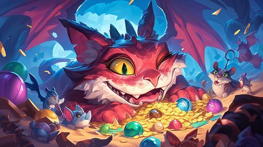 A dragoncat lies on a pile of cat toys like a dragon on a pile of treasure, looks like a Cheshire. Many cat toys: toy mouse, toy balls, yarn balls, candy wrappers, feather balls, Cat Teaser Wand, toy fish. Dragoncat lies very far in the center of the cave. Image from the game Hearthstone. In the style of joyful chaos. By Fenghua zhong. By Nicola Saviori. Dark colors. Painterly dynamic brushwork. Playful expressions. Boldly textured surfaces. In a dark background. Joyful and optimistic. Cartoonish caricatures. Inventive character designs. Dark lighting. In the style of dark sky-blue and magenta. Colorful. Award-winning --chaos 0 --ar 16:9 --stylize 500 --sw 50 --sref    --niji 6