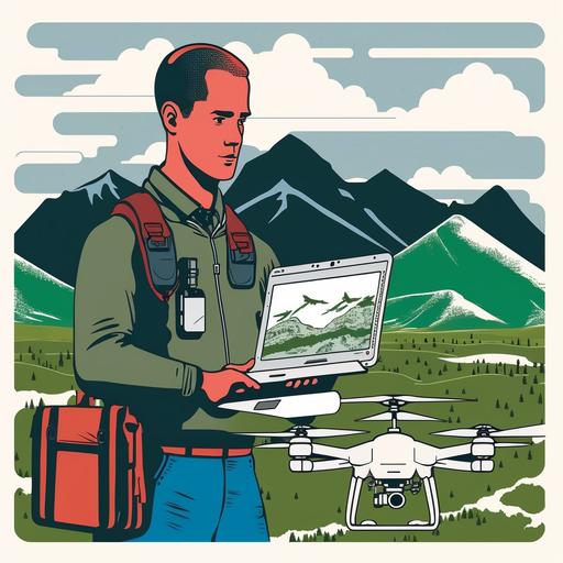 A drawing of a researcher standing in an open field, laptop in hand. Next to him is a Phantom 4 drone ready to take off. The researcher is looking at the sky, with a concentrated and determined expression. The drone is powered up and ready to take off, with red and green lights flashing. In the background, there are mountains or other natural scenery, showing the purpose of the research. The researcher may be holding a remote control for the drone. The laptop can show an aerial image captured by the drone, with data and information relevant to the research.