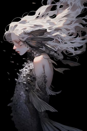 A drawing of a woman with fish scales on her head, inspired by howl's moving castle, inspired by studio ghibli, concept art, inspired by Jeffrey Catherine Jones, fantasy art, detailed legs, artwork in the style of guweiz, full body character concept, realistic creature concept, young fish - girl, mermaid, siren, complete body view, anthro concept art, snake woman hybrid, painted in anime painter studio, wip, skin concept, watercolor, soft colors, jewel tones --niji 5 --ar 2:3