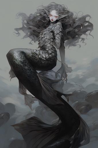 A drawing of a woman with fish scales on her head, inspired by howl's moving castle, inspired by studio ghibli, concept art, inspired by Jeffrey Catherine Jones, fantasy art, detailed legs, artwork in the style of guweiz, full body character concept, realistic creature concept, young fish - girl, mermaid, siren, complete body view, anthro concept art, snake woman hybrid, painted in anime painter studio, wip, skin concept, watercolor, soft colors, jewel tones, against an underwater background --niji 5 --ar 2:3