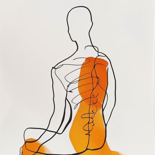A drawing one-line drawing, figure outline of a person in back pain only, single line, simple, in the style of one-line, single line drawing, black line on white background, orange color at neck pain, no background, clean lines, minimalistic, simple, picasso war and peace style --v 6.0