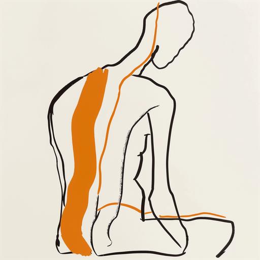 A drawing one-line drawing, figure outline of a person in back pain only, single line, simple, in the style of one-line, single line drawing, black line on white background, orange color at neck pain, no background, clean lines, minimalistic, simple, picasso war and peace style --v 6.0