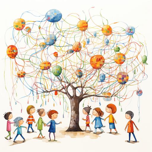 A drawing that shows little children with open, colorful and creative minds, which are shown as colored strings coming out of their heads and connecting with the own's and with other children's heads, like a neural network outside their heads. This strings are directly related with activities they are doing in a schoolyard, such us playing, building things, running, watching plants and insects. Sketchy drawing with a touch of aquarela.