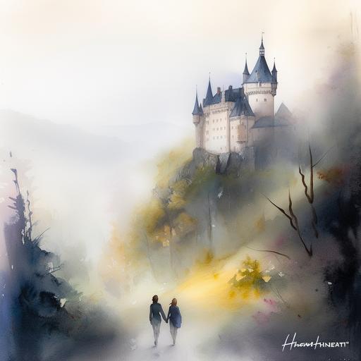 A dreamy, surrealistic landscape featuring a castle on a hill, with a misty forest in the background and an ebony couple walking hand in hand in the foreground, watercolored pencil by Willem Haenraets & Irene Sheri 16:9 --uplight --v 5