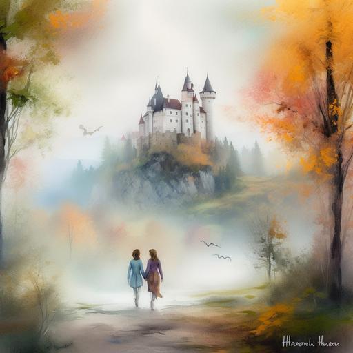 A dreamy, surrealistic landscape featuring a castle on a hill, with a misty forest in the background and an ebony couple walking hand in hand in the foreground, watercolored pencil by Willem Haenraets & Irene Sheri 16:9 --uplight --v 5