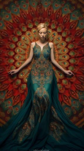 A dress of intricate mandala designs in sapphire and pearl, framed in burgundy and olive green, in the style of surrealistic poses, radiant sunflowers, National Geographic photo, dark teal and bright coral, Ayami Kojima, flowing lines, Mark Henson. Nikon Z7 II --v 5.1 --s 500 --chaos 10 --ar 9:16