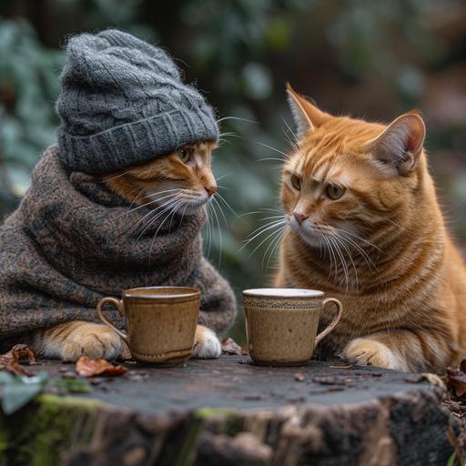 A dressed up orange tabby cat and a dressed up grey cat each enjoying a wonderful cup of coffee together in a garden and conversing. Canon EOS 5D Mark IV with Canon EF 24-70mm f/2.8L II USM lens, accent lighting, cinematic shot --s 750 --v 6.0 --ar 1:1