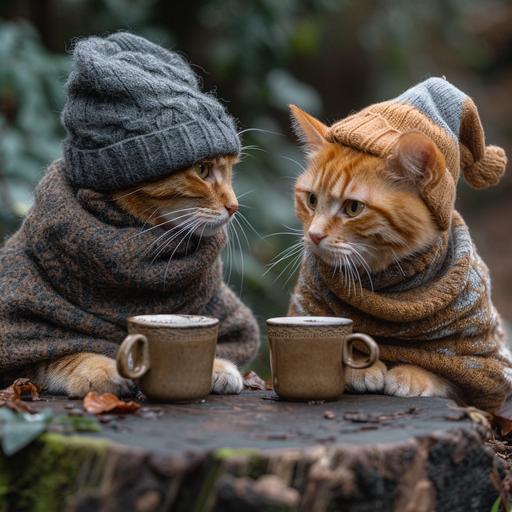 A dressed up orange tabby cat and a dressed up grey cat each enjoying a wonderful cup of coffee together in a garden and conversing. Canon EOS 5D Mark IV with Canon EF 24-70mm f/2.8L II USM lens, accent lighting, cinematic shot --s 750 --v 6.0 --ar 1:1