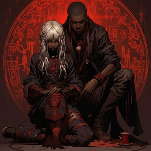 A drow elf female witch with red henna sigils all along her arm. She is sitting cross legged. Her hand is being held by a male drow elf dressed in brown and bronze scholar's tunic. Dark Fantasy. 90's anime Ghibli style