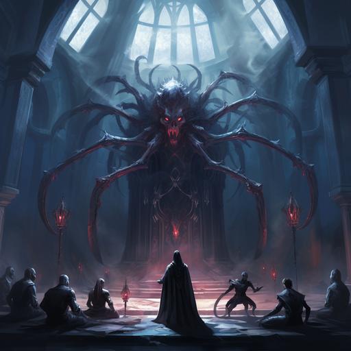 A drow spider temple with a high priests on an alter about to sacrifice a hero. Several giant spiders watch and there is spider webs on the walls. Done in a D&D cover art style