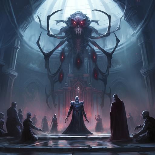 A drow spider temple with a high priests on an alter about to sacrifice a hero. Several giant spiders watch and there is spider webs on the walls. Done in a D&D cover art style