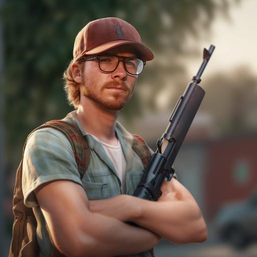 A dumb guy in a baseball hat holding a rifle outside. 8k Photo Realistic