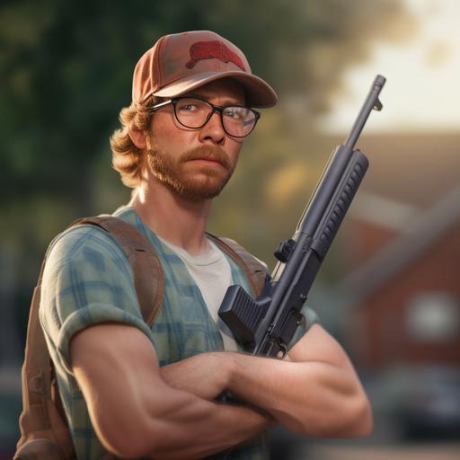 A dumb guy in a baseball hat holding a rifle outside. 8k Photo Realistic
