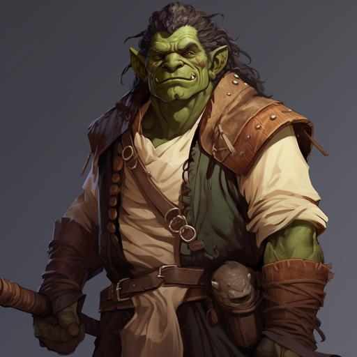 A dungeons and dragons character named Lioshi. He is Half Ogre, Half Elf, green skin, toothy smile. He is a druid, in studded leather armour, and holds a quarterstaff.