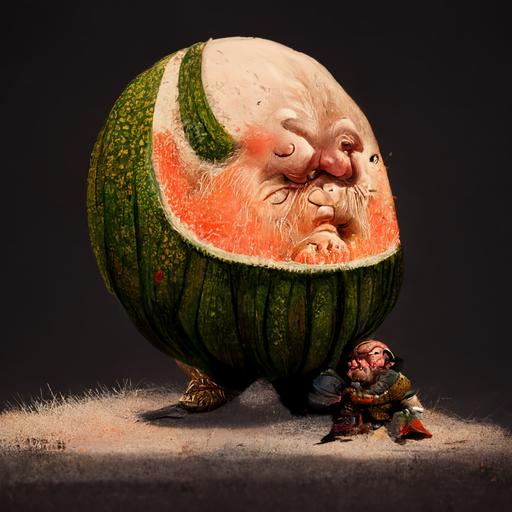 A dwarf smells a huge melon