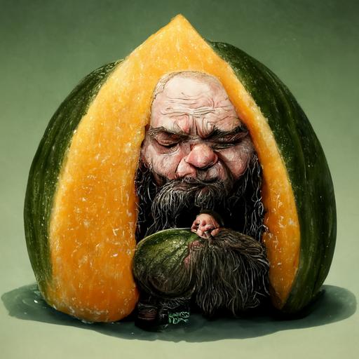 A dwarf smells a huge melon