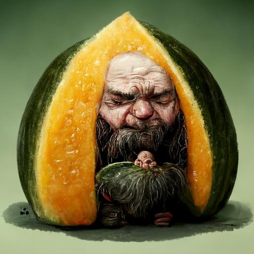 A dwarf smells a huge melon