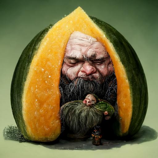 A dwarf smells a huge melon