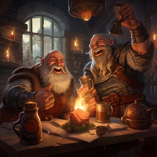 A dynamic design featuring 2 viking friends at hearth and home at the fire, drinking horns together. One 40-yr old muscular, bald headed, pointy-red bearded, beady blue-eyed Viking warrior. The other grey hair, same age cheers with beer horn, smiling, laughing. warm, welcoming. Dungeons and Dragon-esque. for a greetings to our home card