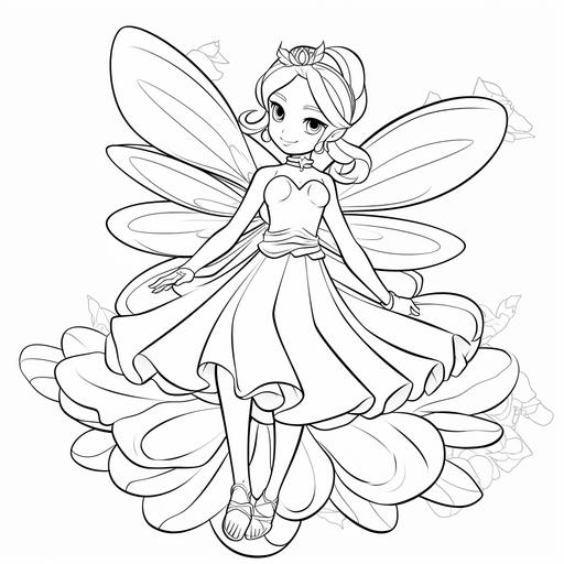 A fairy in a petal dress, b/w outline art for kids coloring book page, full white, white background, whole body, Sketch style, full body (lI|(white background))))), only use outline., cartoon style, line art, coloring book, clean line art, white background, Sketch style --no dark hair