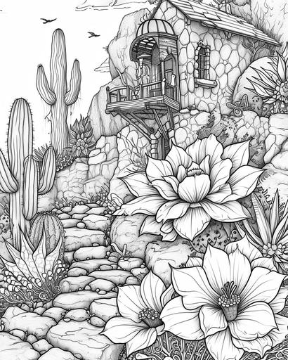 A fairy's botanical observatory in a blooming cactus, surrounded by desert blooms — coloring page for adults, thick lines, black and white, greyscale --ar 4:5 --v 6.0